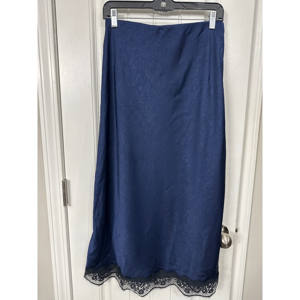 A New Day Navy Blue Jacquard Floral Midi Skirt Black Lace Trim Small